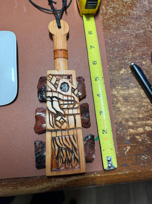 Macuahuitl Necklace, Aztec, KUKULKAN, QUETZALCOATL, SERPENT, MAHOGANY Obsidian Blades, Hangable Art handmade 8.25"