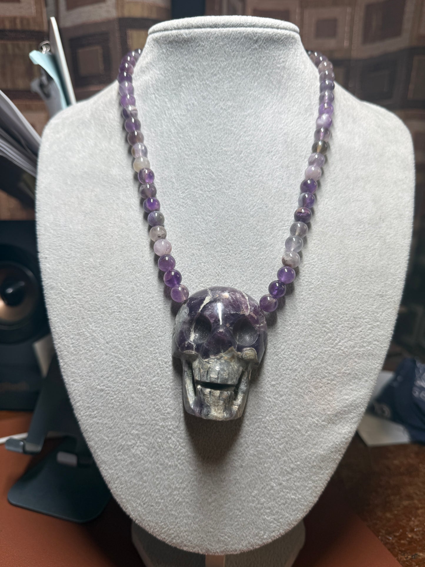 Mexican Amethyst Crystal Skull Necklace, Aztec, Mayan, Mictlantecuhtli 18" (#H)