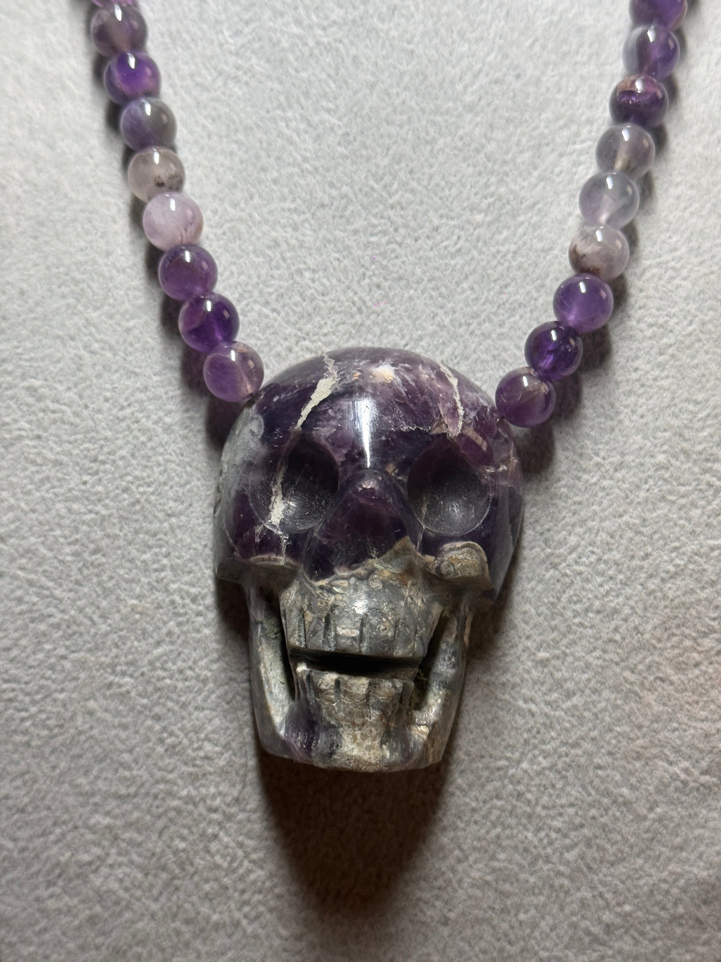 Mexican Amethyst Crystal Skull Necklace, Aztec, Mayan, Mictlantecuhtli 18" (#H)