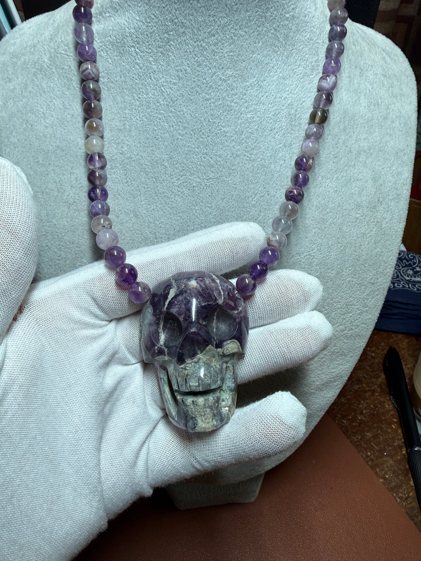 Mexican Amethyst Crystal Skull Necklace, Aztec, Mayan, Mictlantecuhtli 18" (#H)