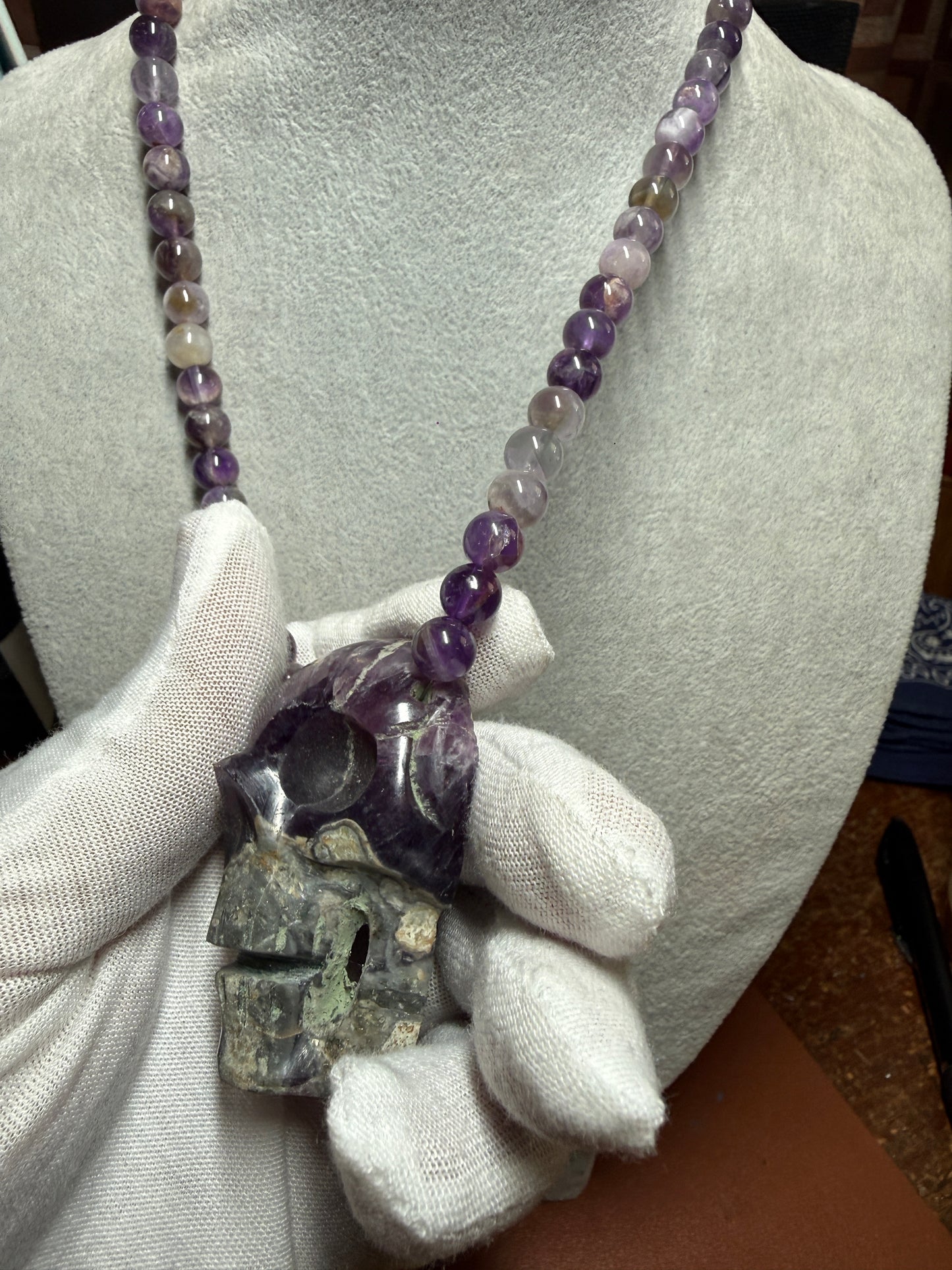 Mexican Amethyst Crystal Skull Necklace, Aztec, Mayan, Mictlantecuhtli 18" (#H)