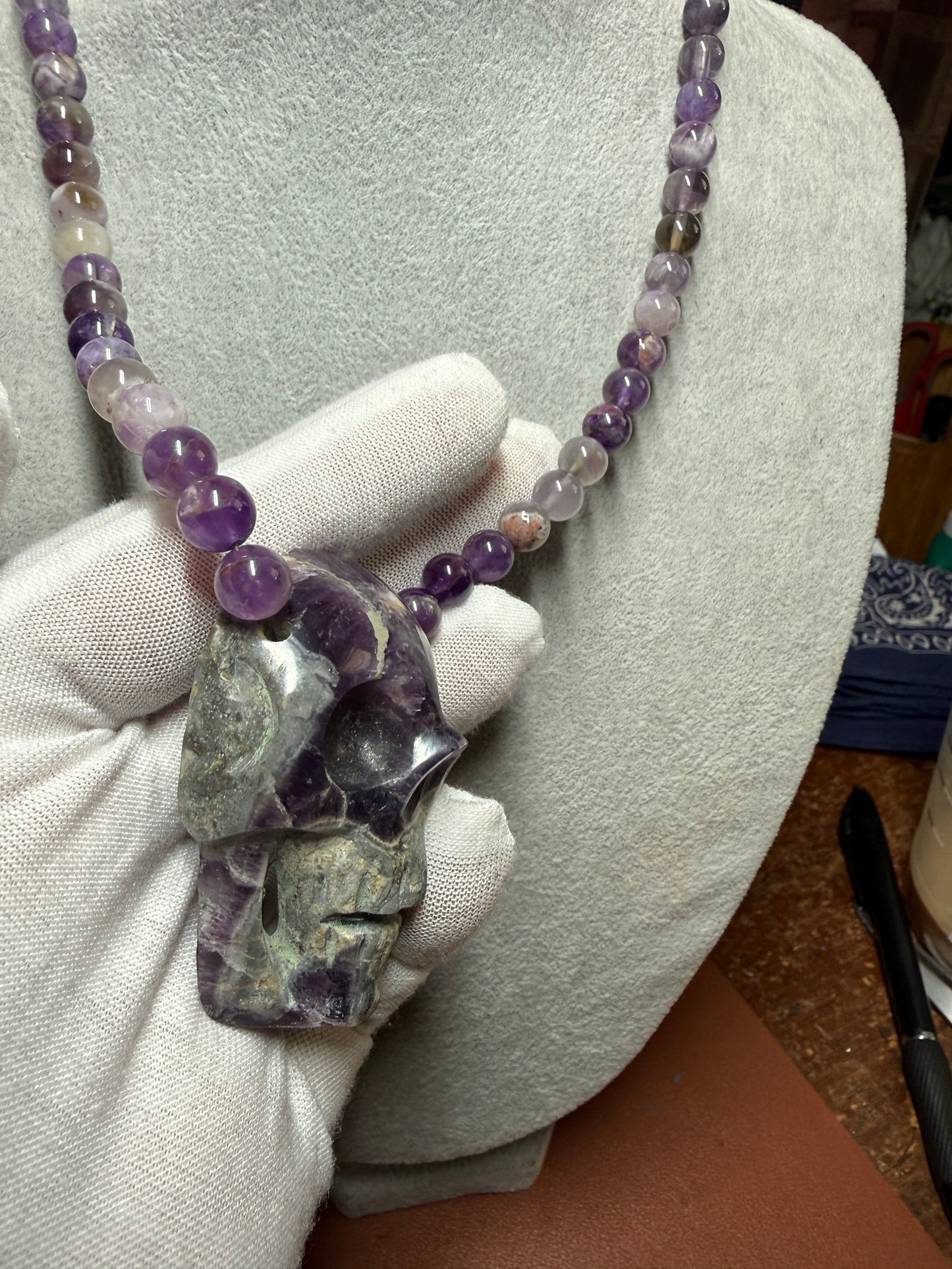 Mexican Amethyst Crystal Skull Necklace, Aztec, Mayan, Mictlantecuhtli 18" (#H)