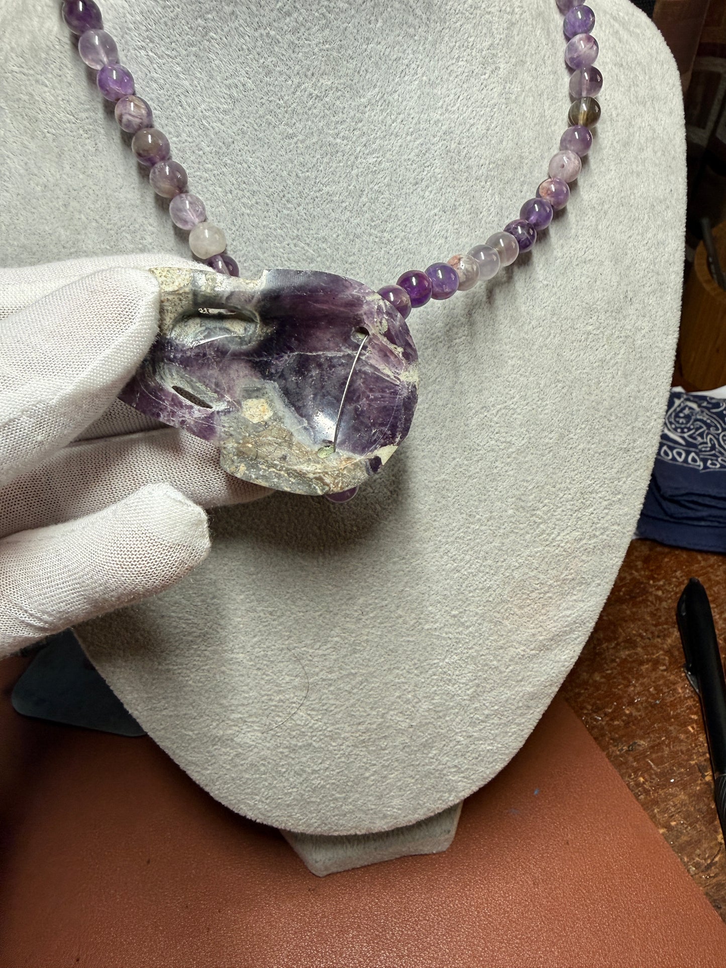 Mexican Amethyst Crystal Skull Necklace, Aztec, Mayan, Mictlantecuhtli 18" (#H)