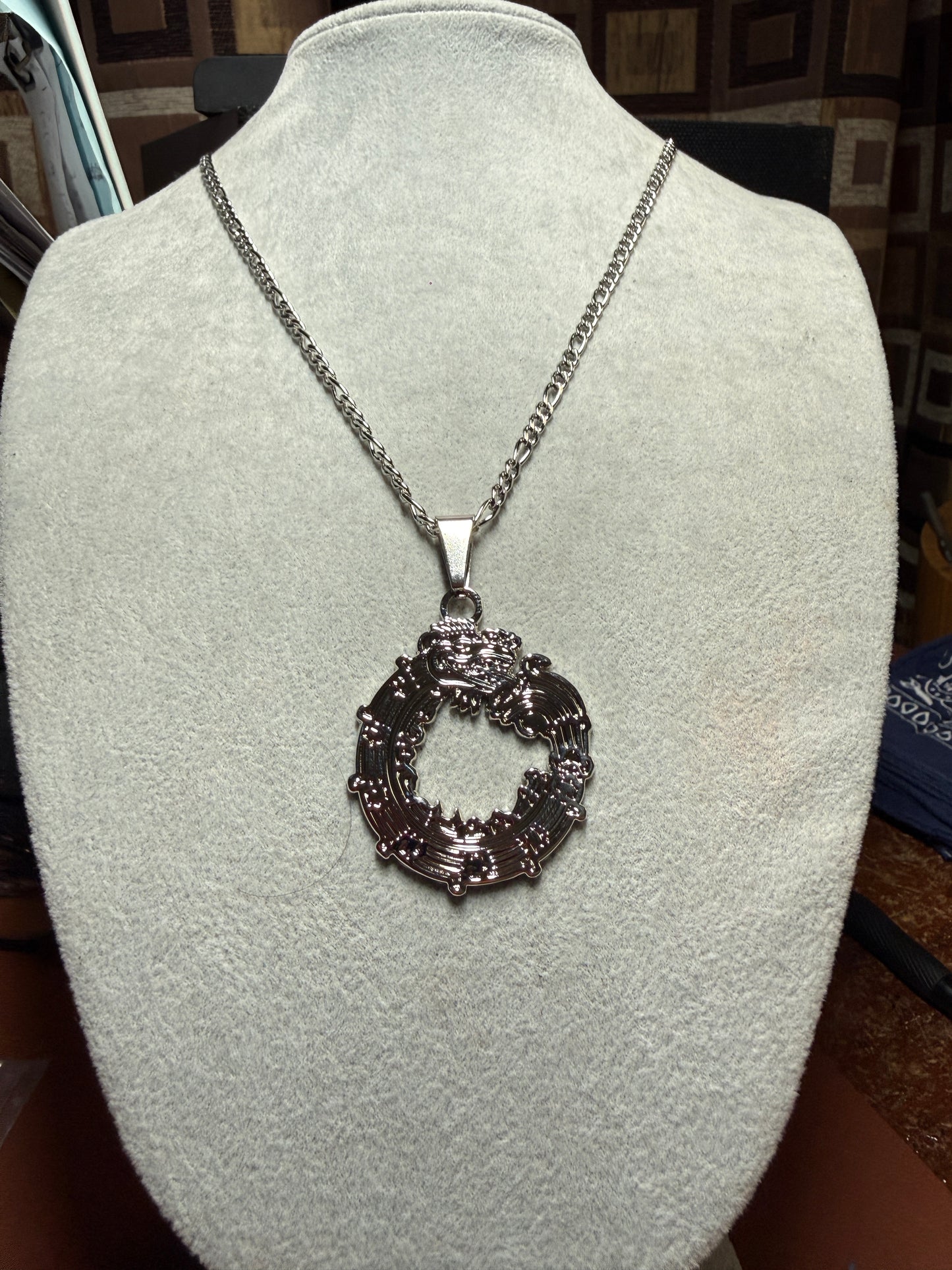 Aztec Quetzalcoatl Mayan Kukulkan Dragon Necklace, Silver Tone Metal, Mexican #H