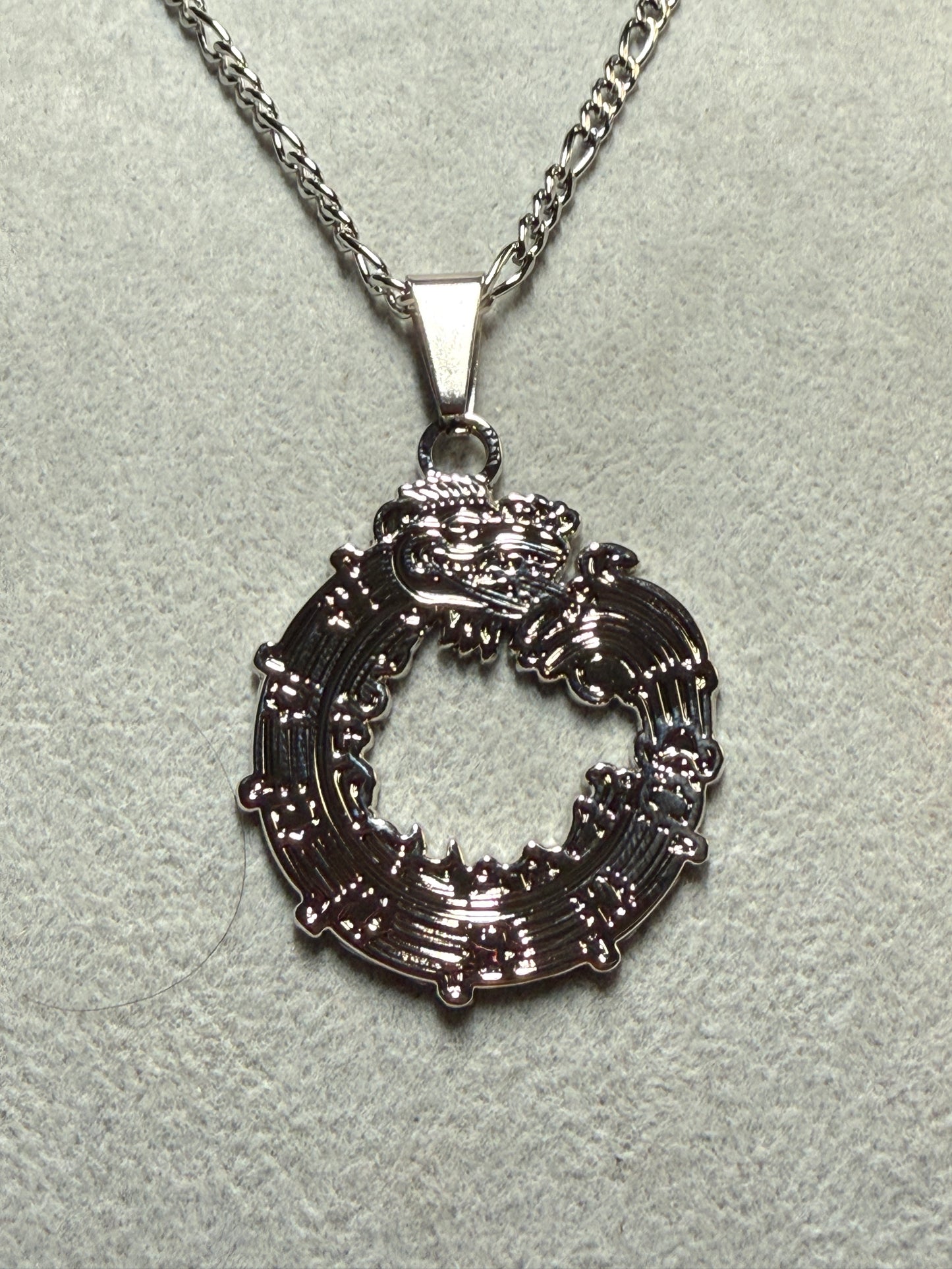 Aztec Quetzalcoatl Mayan Kukulkan Dragon Necklace, Silver Tone Metal, Mexican #H