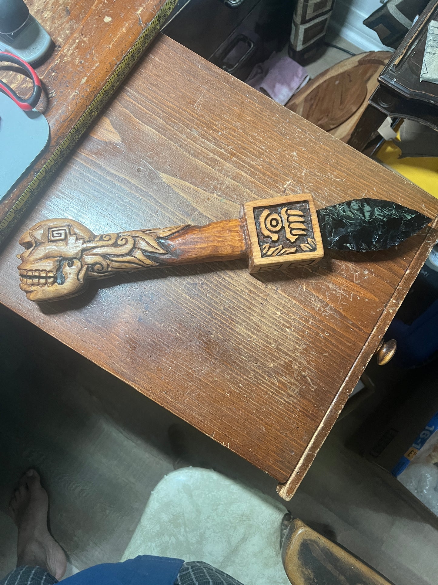 Mictlantecuitli Tlaloc Wood Obsidian Sacrificial Dagger, Aztec Dagger, Skull Daga, 17" Long, Deep Carved Wood