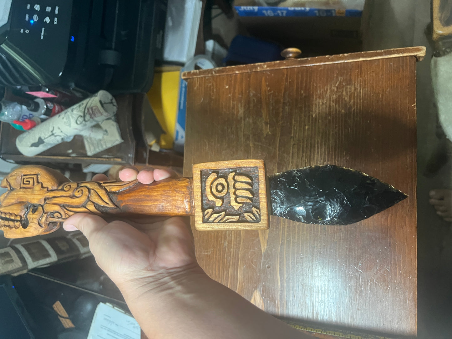 Mictlantecuitli Tlaloc Wood Obsidian Sacrificial Dagger, Aztec Dagger, Skull Daga, 17" Long, Deep Carved Wood