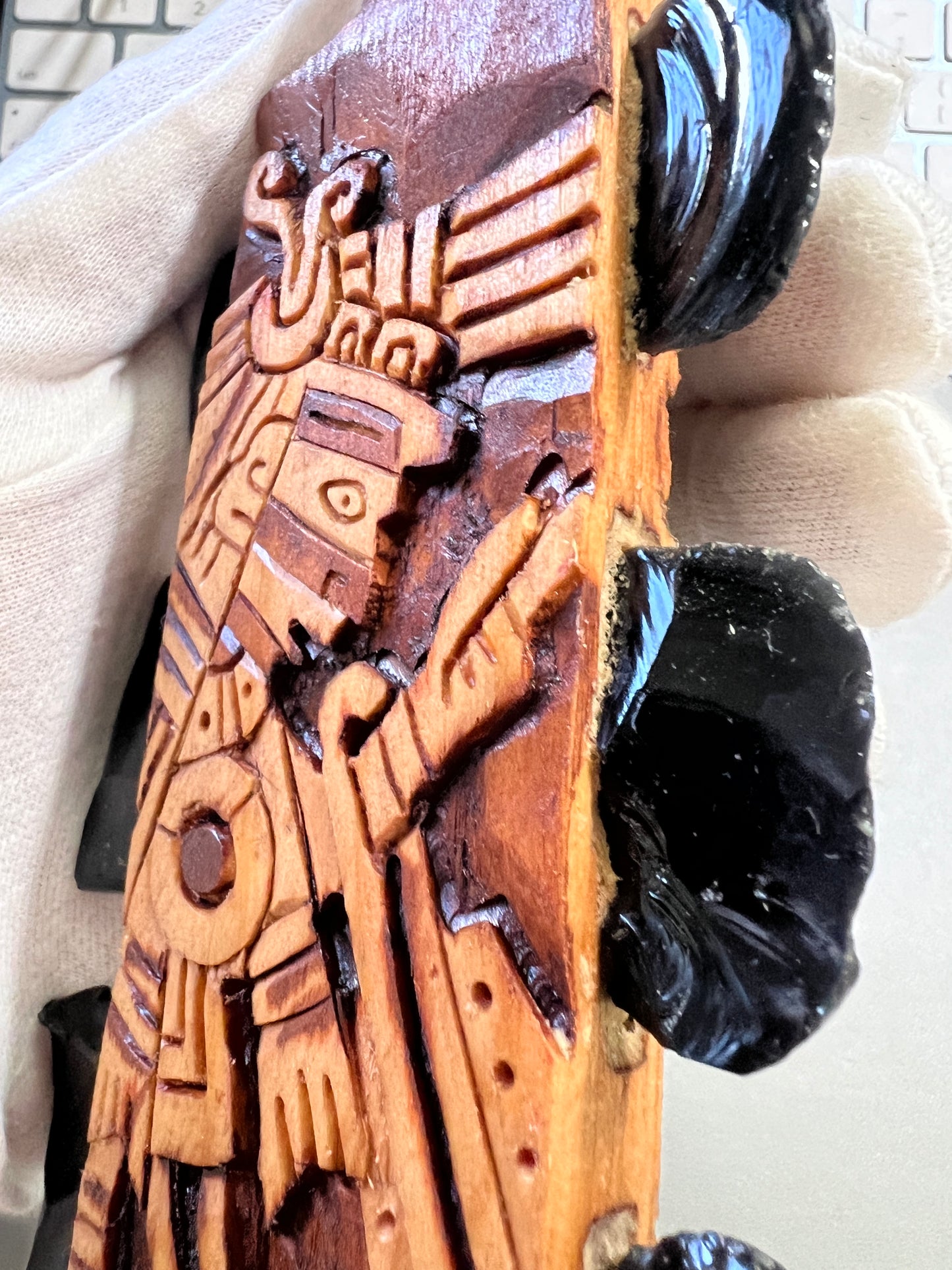 Mini Macuahuitl Azteca Necklace, feature Tezcatlipoca, the Smoking Mirror, Aztec God, Carved, Black Obsidian Blades, Hangable Art handmade 8in.