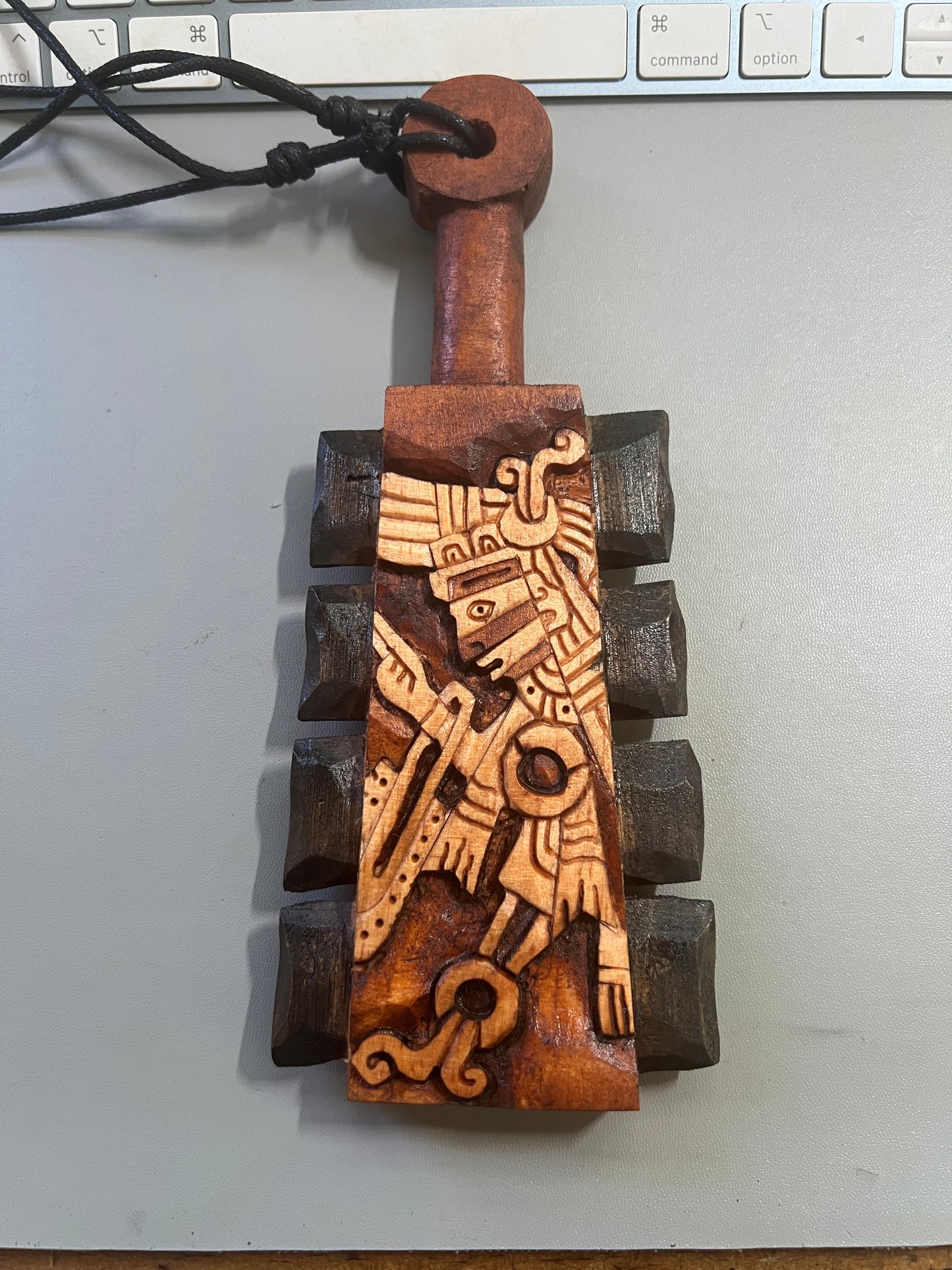 Mini Macuahuitl Azteca Necklace, feature Tezcatlipoca, the Smoking Mirror, Aztec God, Carved, Black Wood Blades, Hangable Art handmade 8in.