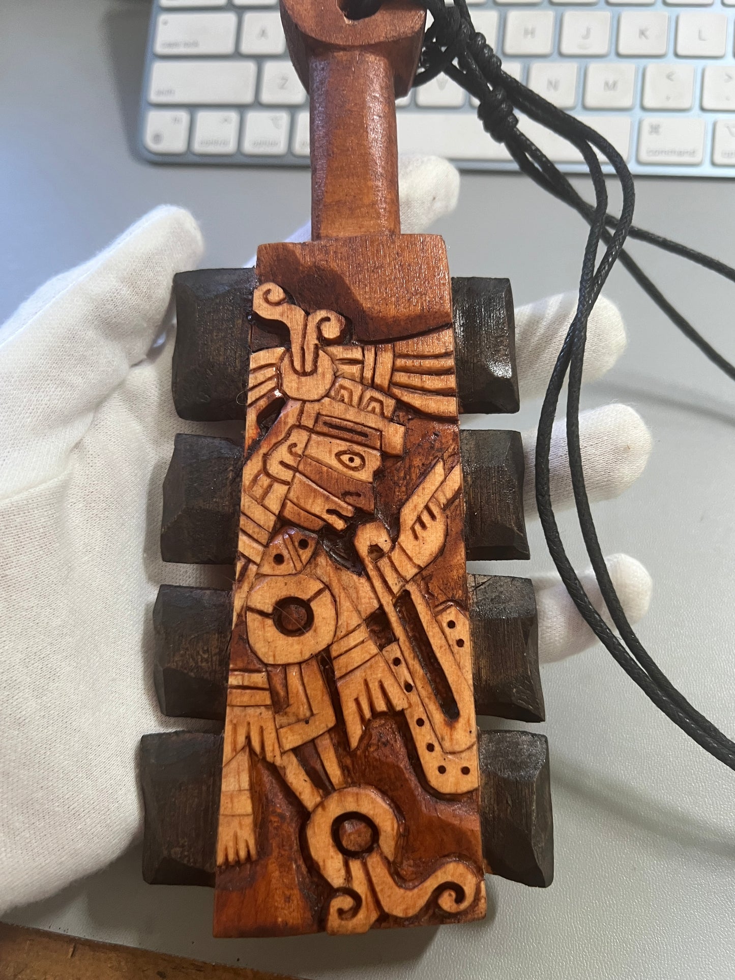 Mini Macuahuitl Azteca Necklace, feature Tezcatlipoca, the Smoking Mirror, Aztec God, Carved, Black Wood Blades, Hangable Art handmade 8in.