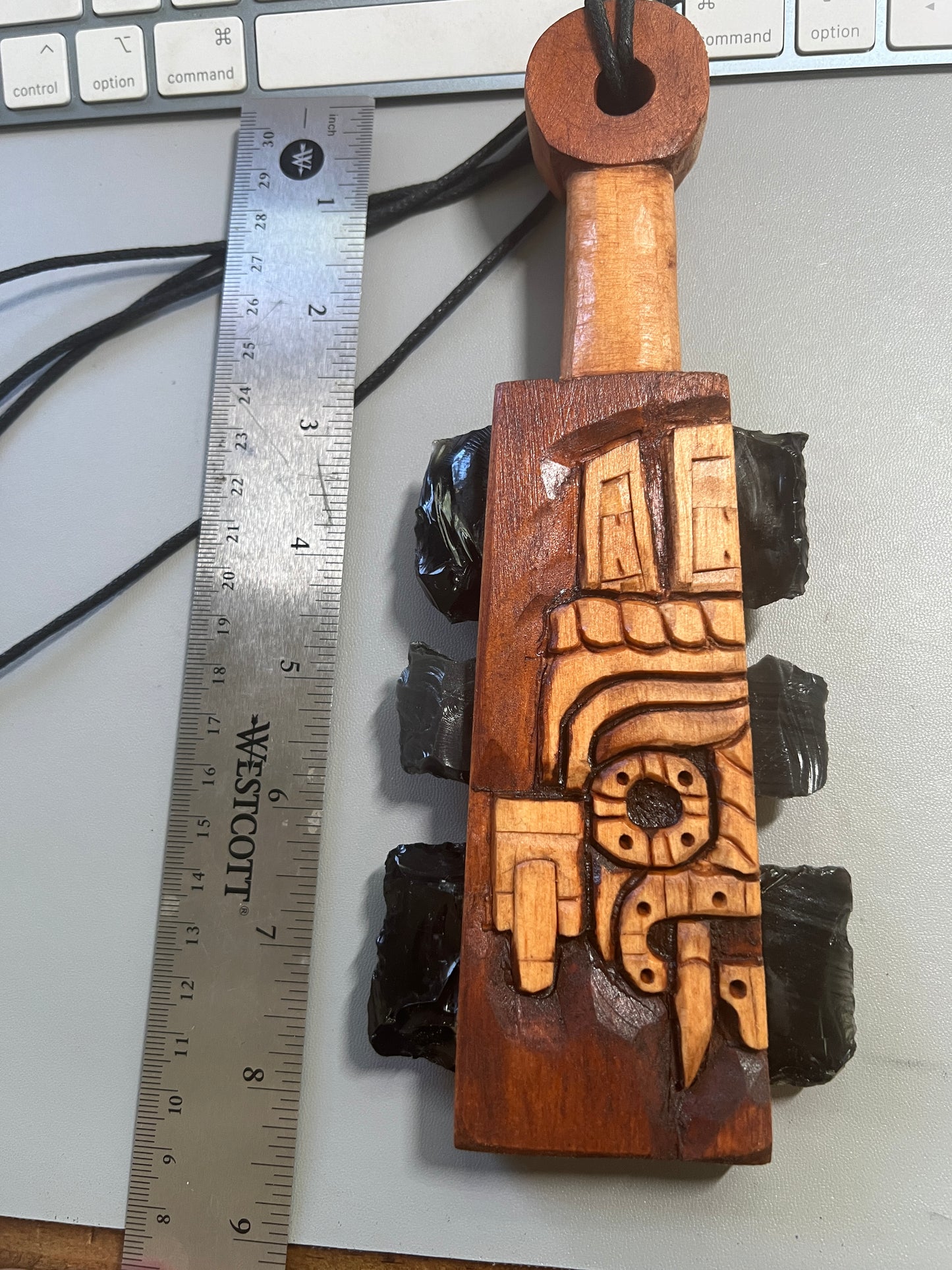 Mini Macuahuitl Azteca Necklace, feature Tlaloc Aztec Rain God, Carved Wood, 8", Black Obsidian Blades