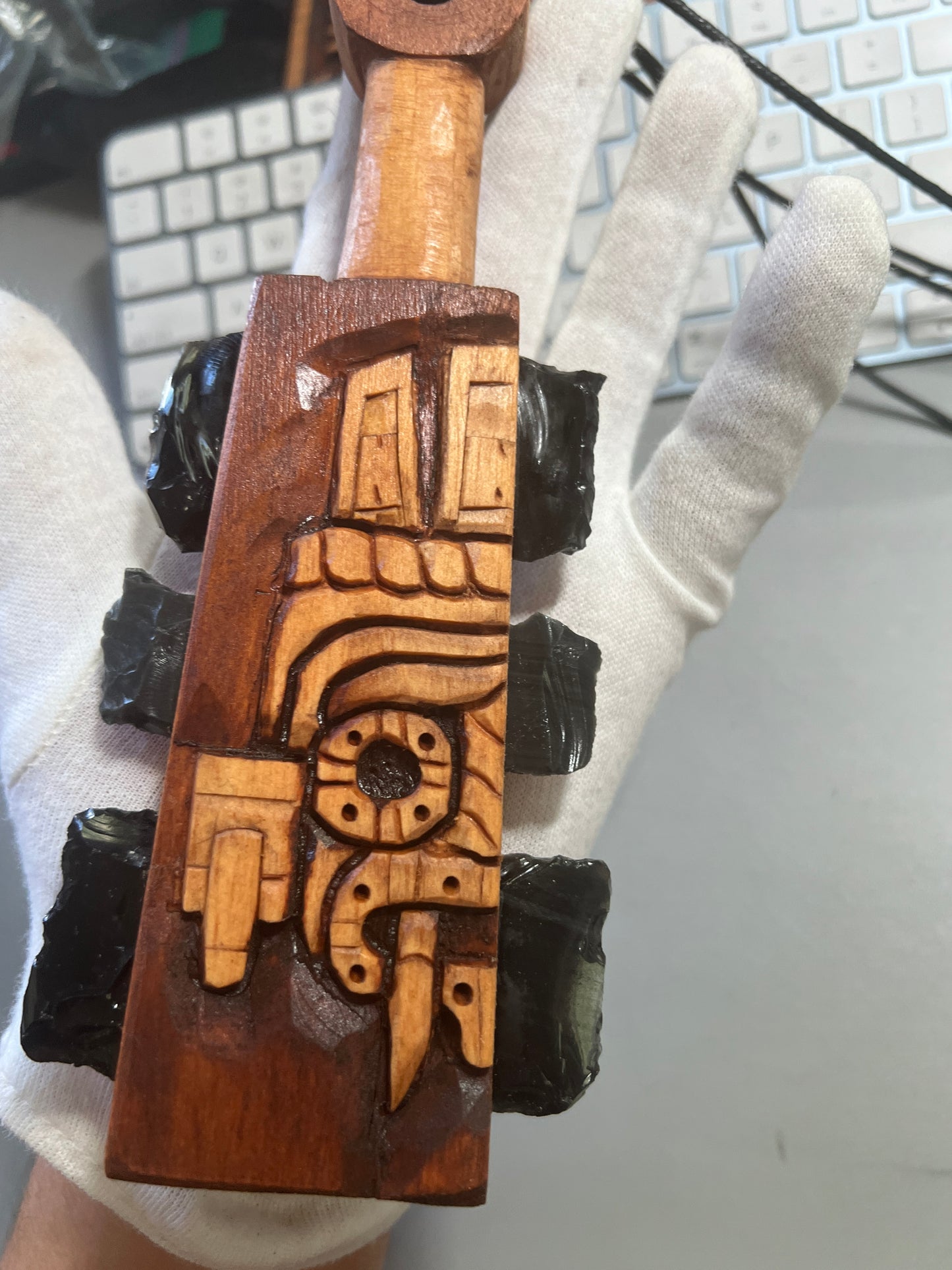 Mini Macuahuitl Azteca Necklace, feature Tlaloc Aztec Rain God, Carved Wood, 8", Black Obsidian Blades