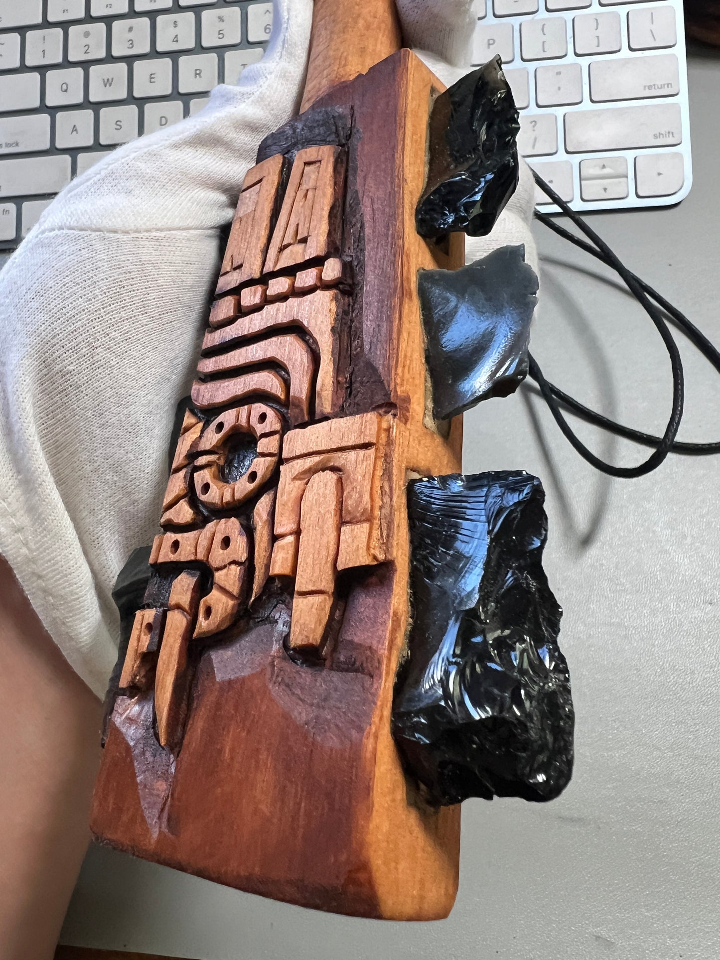 Mini Macuahuitl Azteca Necklace, feature Tlaloc Aztec Rain God, Carved Wood, 8", Black Obsidian Blades