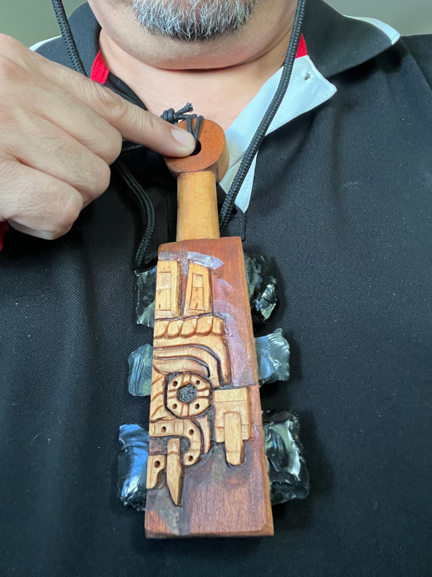 Mini Macuahuitl Azteca Necklace, feature Tlaloc Aztec Rain God, Carved Wood, 8", Black Obsidian Blades