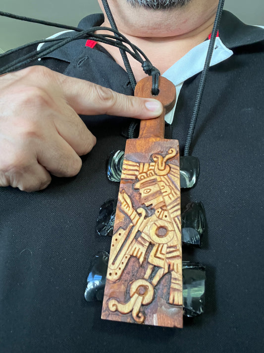 Mini Macuahuitl Azteca Necklace, feature Tezcatlipoca, the Smoking Mirror, Aztec God, Carved, Black Obsidian Blades, Hangable Art handmade 8in.