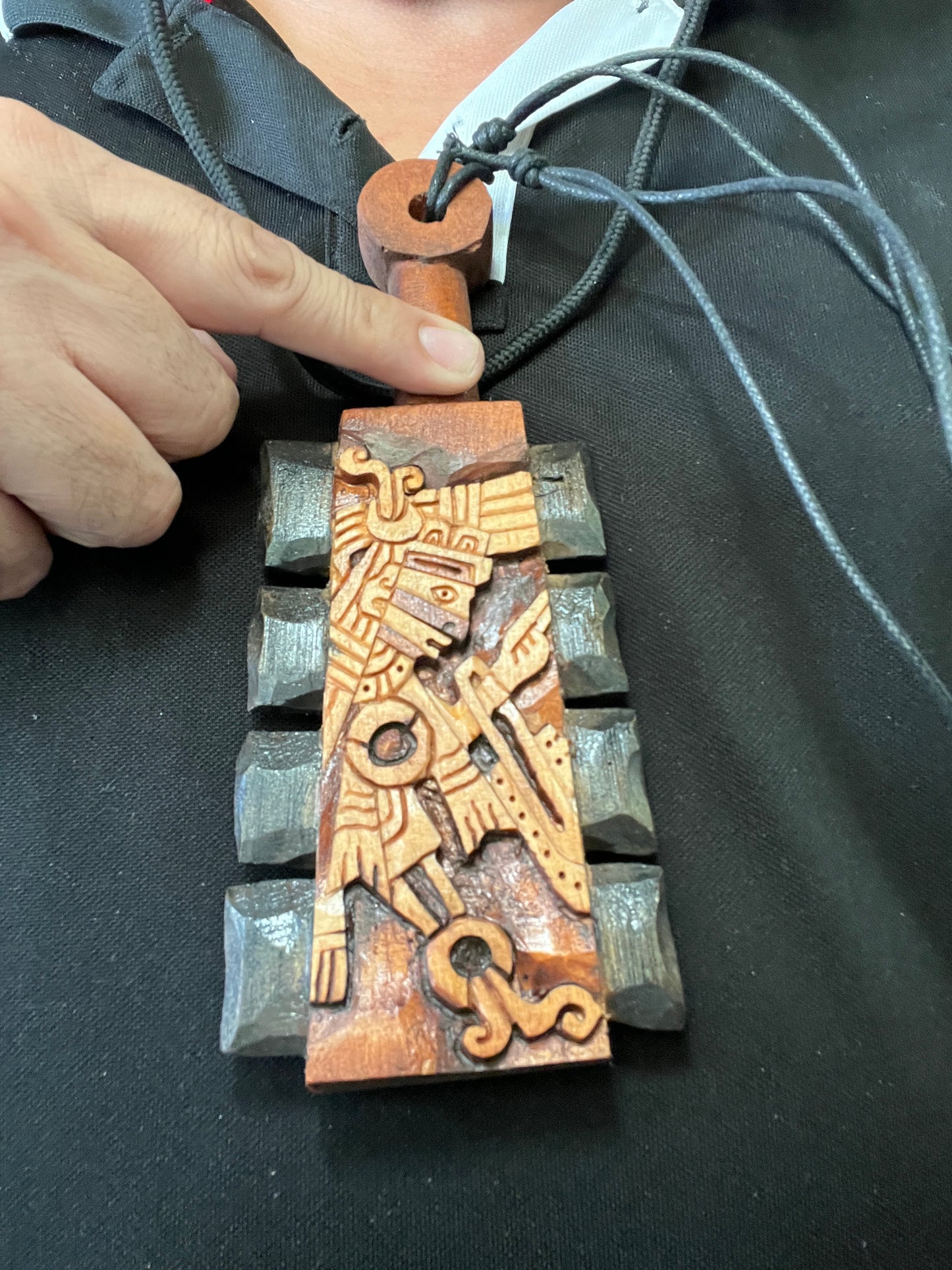 Mini Macuahuitl Azteca Necklace, feature Tezcatlipoca, the Smoking Mirror, Aztec God, Carved, Black Wood Blades, Hangable Art handmade 8in.