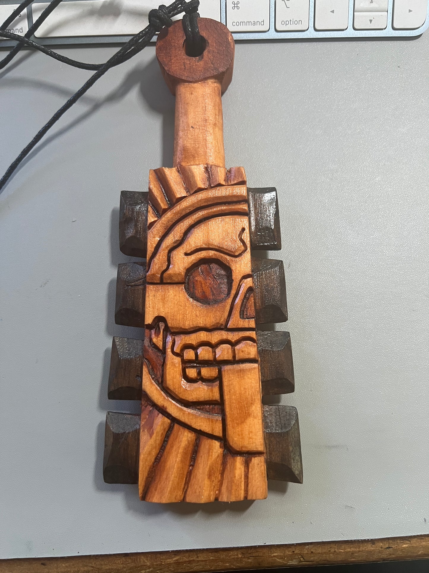 Mini Macuahuitl Azteca Necklace, Piedra de Muerte, Stone of Death, Mictlantecuitli, Carved, Wood Obsidian Blades, Hangable Art handmade 8in.