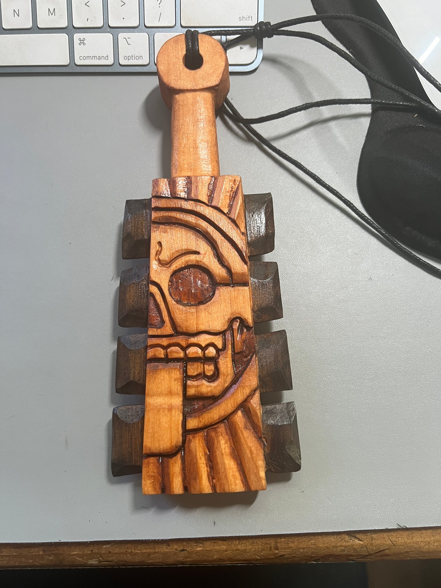 Mini Macuahuitl Azteca Necklace, Piedra de Muerte, Stone of Death, Mictlantecuitli, Carved, Wood Obsidian Blades, Hangable Art handmade 8in.