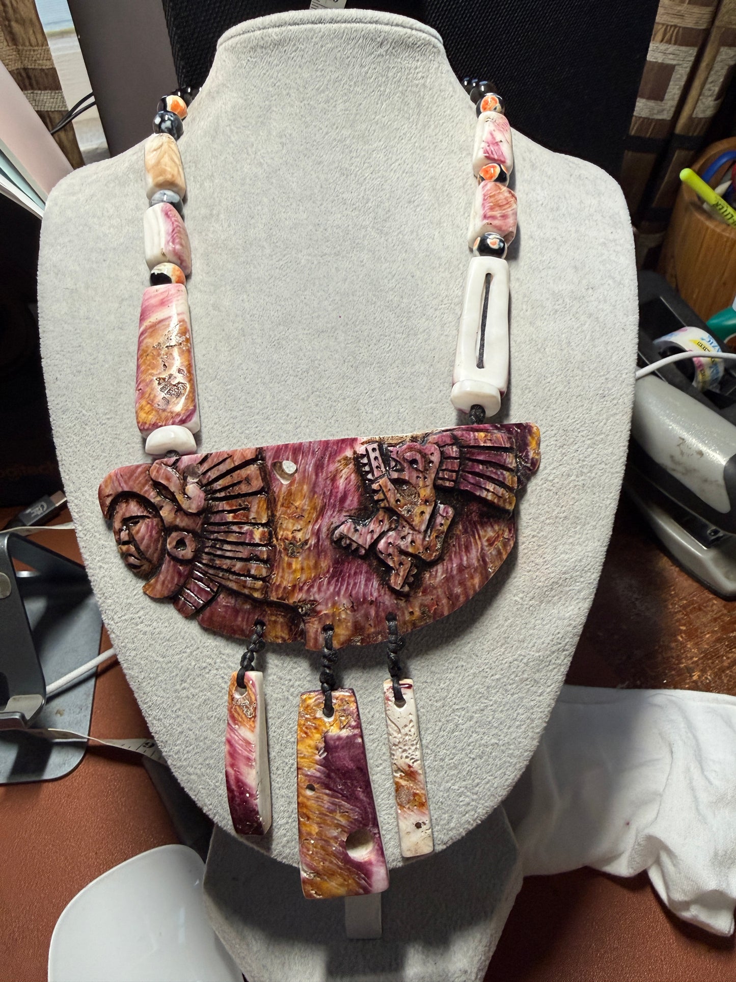 Aztec Eagle Jaguar Warrior Necklace Carved Shell Handmade Mexico Mexican #H