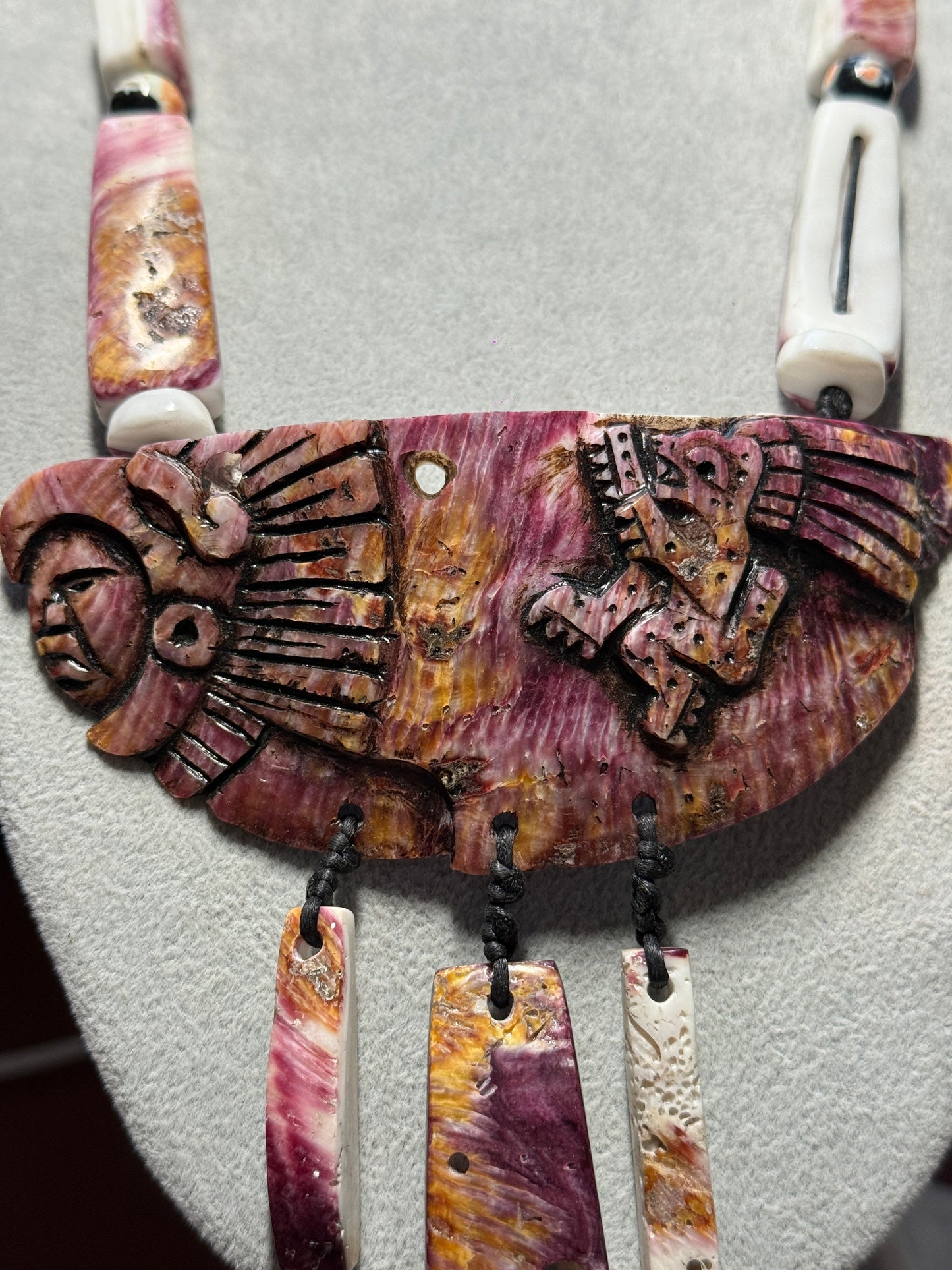 Aztec Eagle Jaguar Warrior Necklace Carved Shell Handmade Mexico Mexican #H