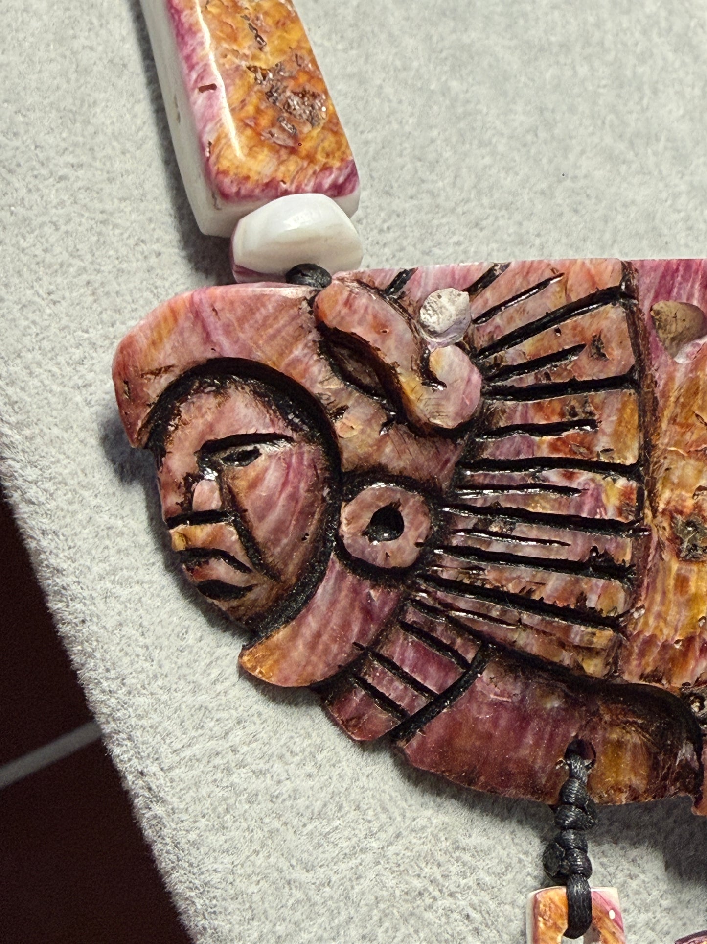 Aztec Eagle Jaguar Warrior Necklace Carved Shell Handmade Mexico Mexican #H