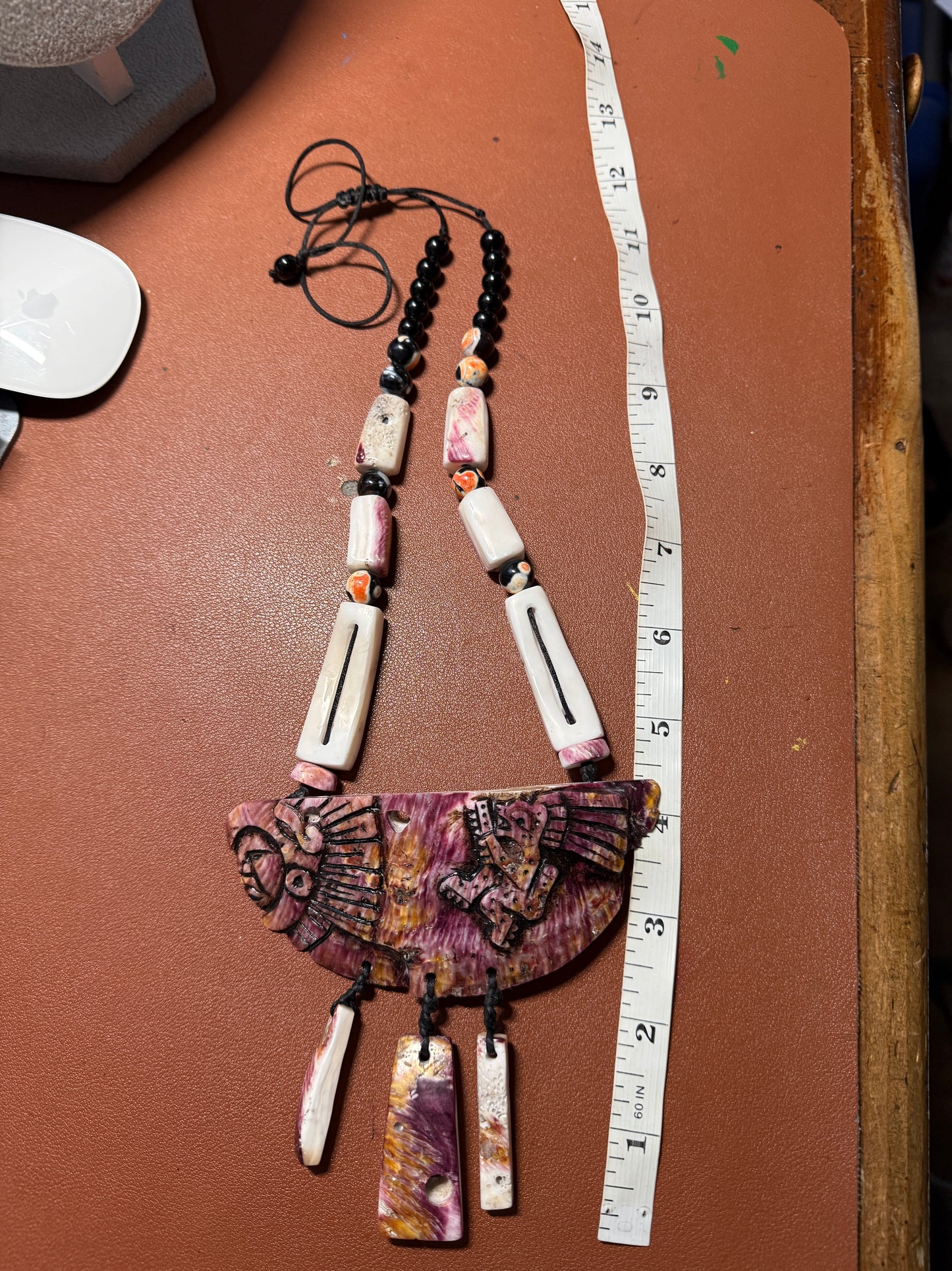 Aztec Eagle Jaguar Warrior Necklace Carved Shell Handmade Mexico Mexican #H