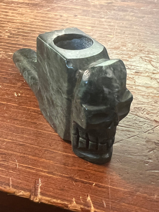 Pre Columbian Maya Aztec style Death God Mictlantecuhtli Green Stone Jade Pipe, Hecho en Mexico (#17)