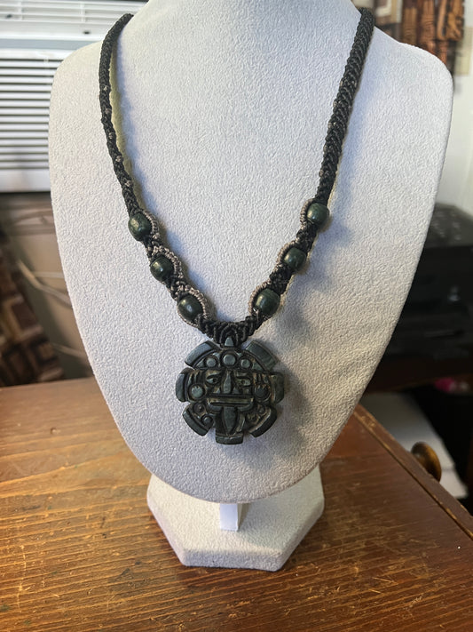 Jade Aztec Tonatiuh Sun Face Necklace, Hand Woven Necklace, Jade Beads, Mexica Ancient Mexican (#16)