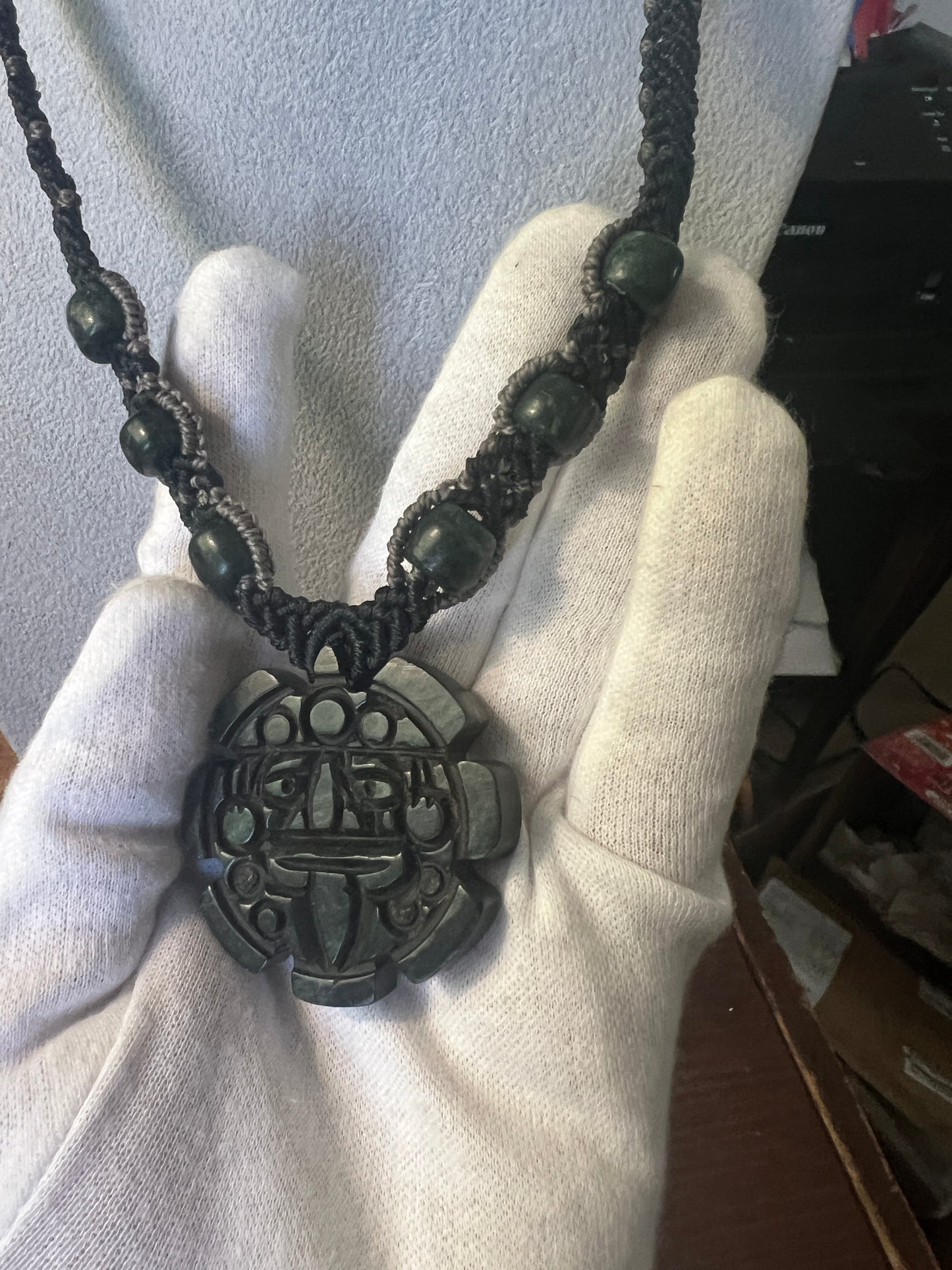 Jade Aztec Tonatiuh Sun Face Necklace, Hand Woven Necklace, Jade Beads, Mexica Ancient Mexican (#16)