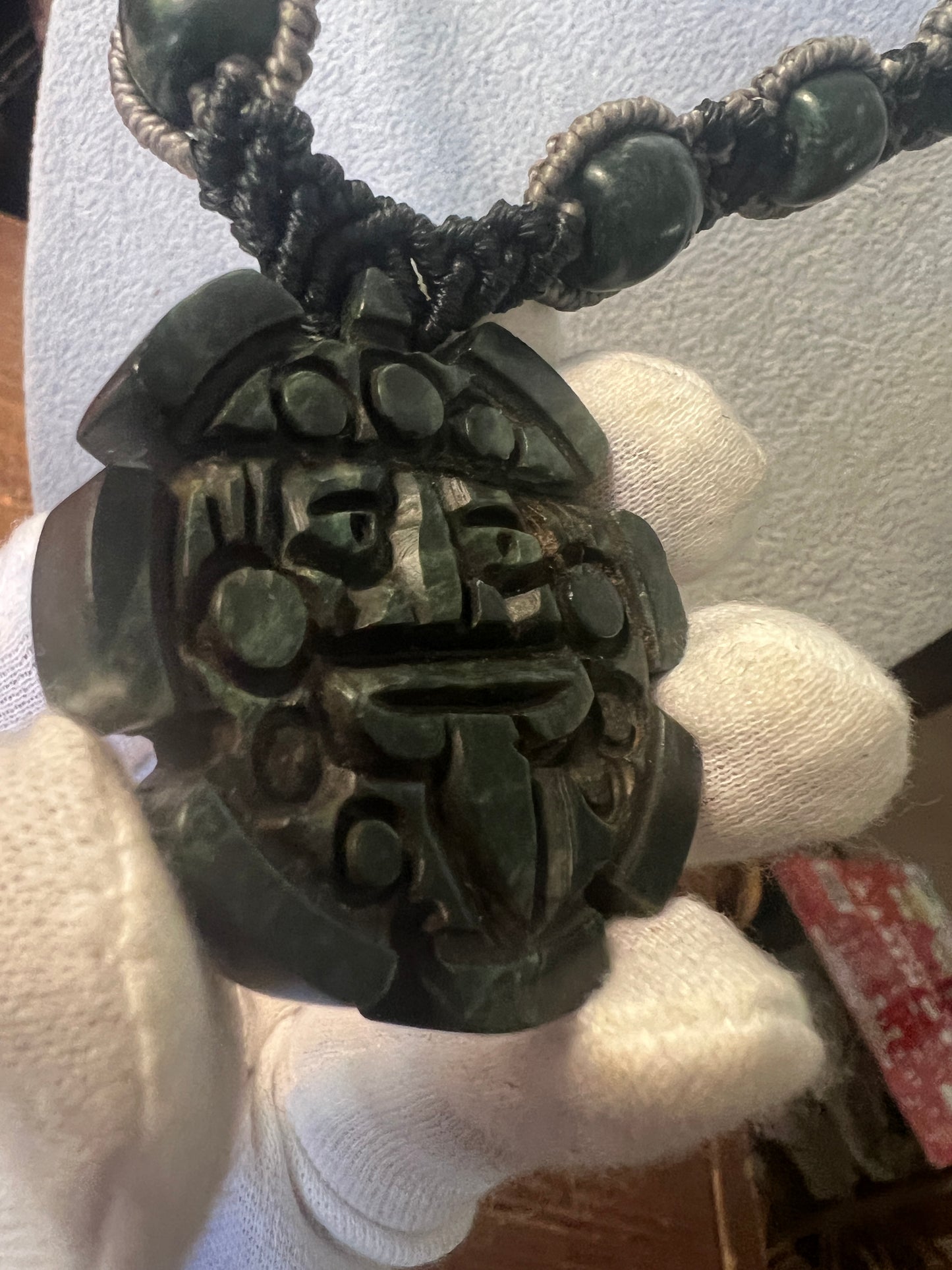 Jade Aztec Tonatiuh Sun Face Necklace, Hand Woven Necklace, Jade Beads, Mexica Ancient Mexican (#16)