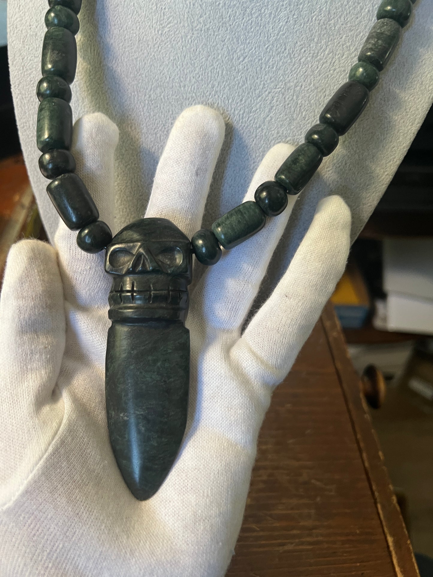 Mictlantecuitli Jade Necklace from Mexica Indigenous Indians, Mexico, Mexican, Aztec, Azteca, Skull, Dagger, Sacrifice, Altar, rare (#18)