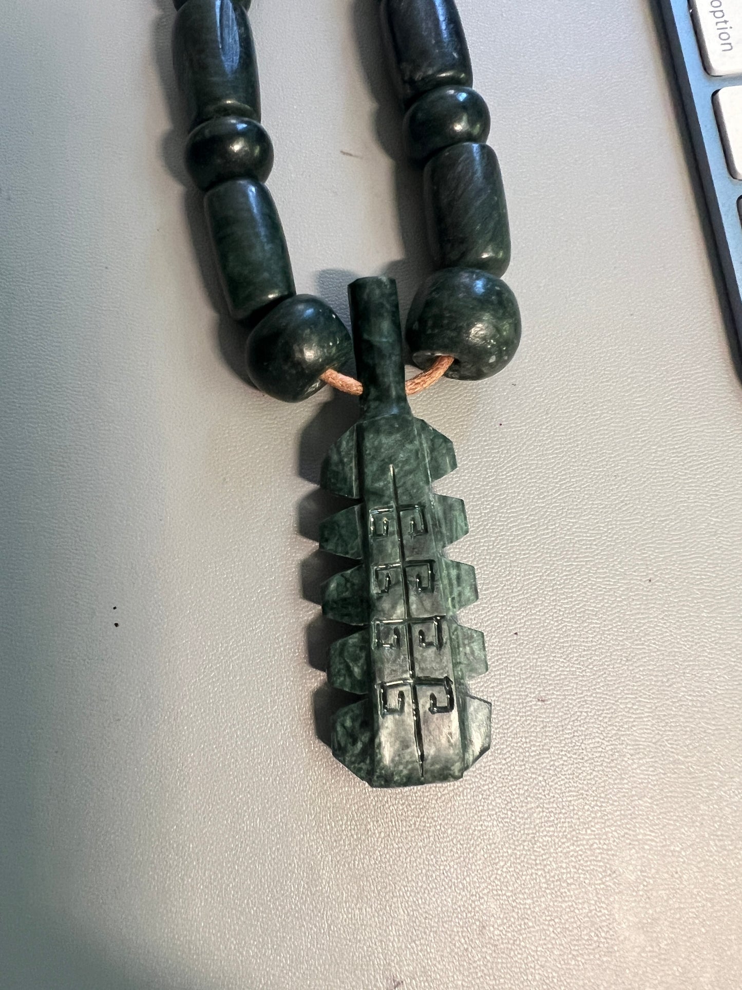 Jade Stone Macuahuitl Necklace, Aztec Sword Carved Design, with Jade Beads, Leather Adjustable Necklace, Mexica Ancient Mexican (16)