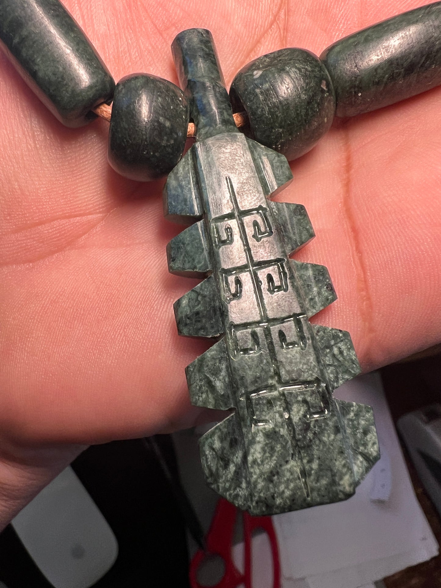 Jade Stone Macuahuitl Necklace, Aztec Sword Carved Design, with Jade Beads, Leather Adjustable Necklace, Mexica Ancient Mexican (16)