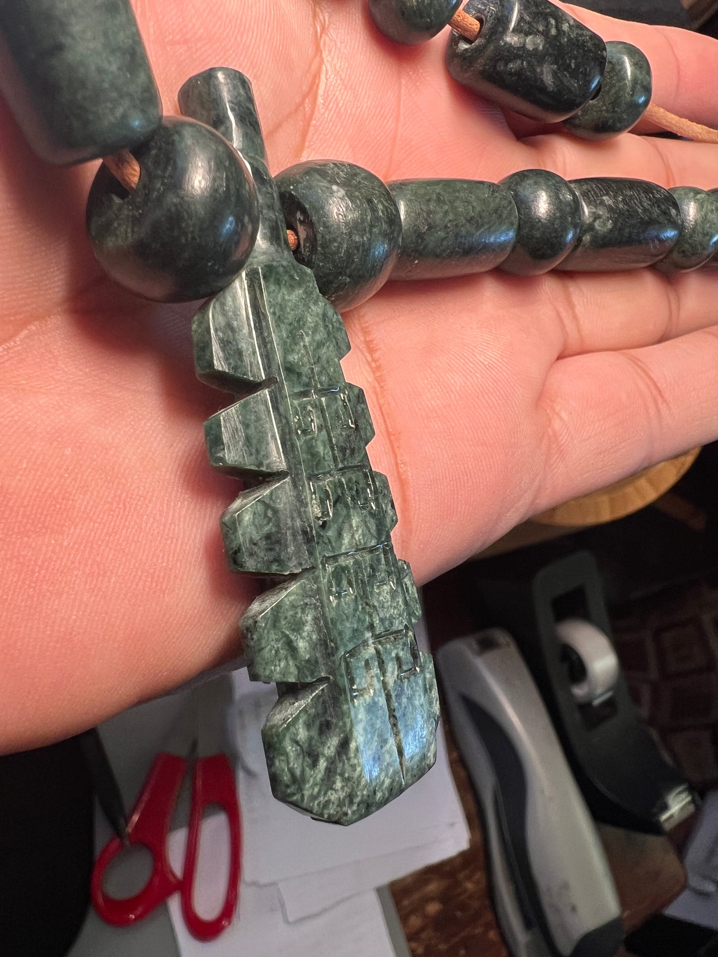 Jade Stone Macuahuitl Necklace, Aztec Sword Carved Design, with Jade Beads, Leather Adjustable Necklace, Mexica Ancient Mexican (16)