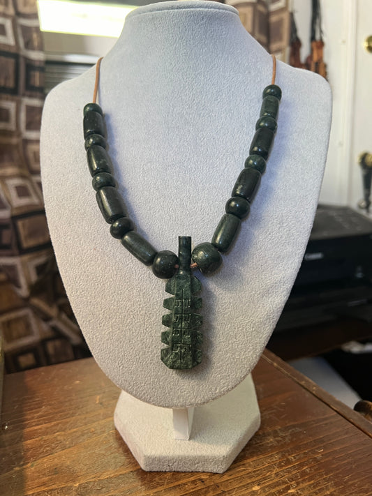 Jade Stone Macuahuitl Necklace, Aztec Sword Carved Design, with Jade Beads, Leather Adjustable Necklace, Mexica Ancient Mexican (16)