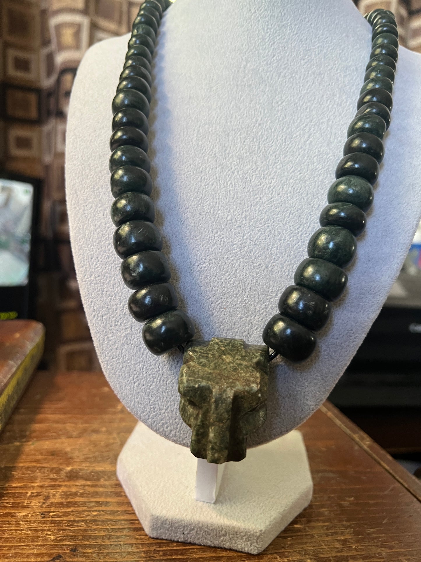 Jaguar Jade Pendant, Jade Beaded Necklace, Aztec, Mexica, Mayan, 24 plus in. long, Rare, Mexico (#18)