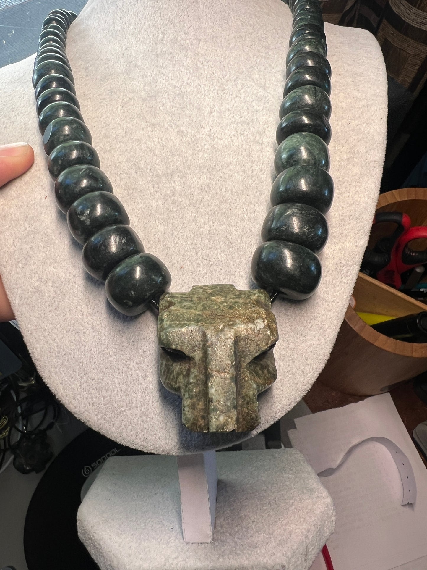 Jaguar Jade Pendant, Jade Beaded Necklace, Aztec, Mexica, Mayan, 24 plus in. long, Rare, Mexico (#18)