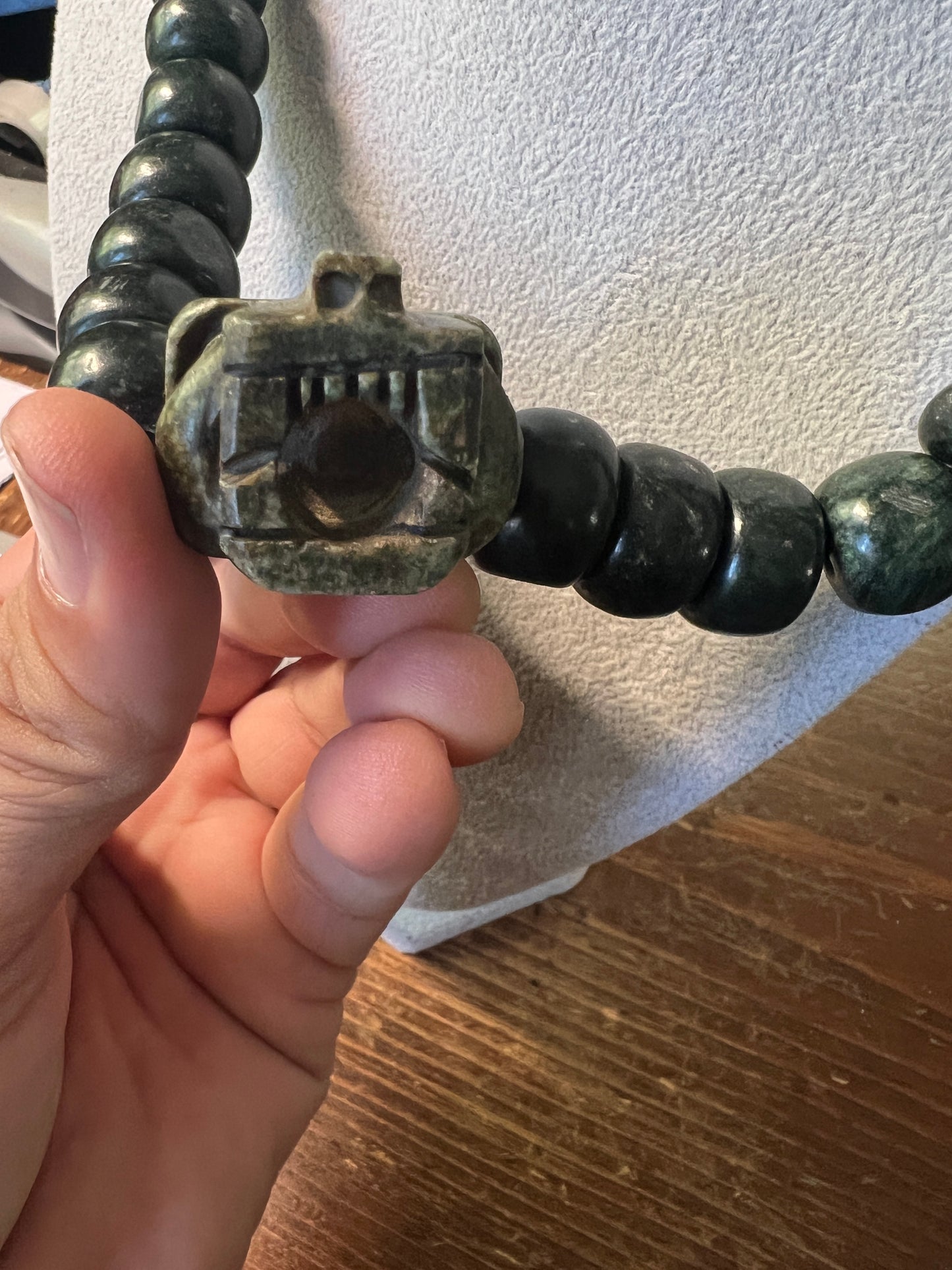 Jaguar Jade Pendant, Jade Beaded Necklace, Aztec, Mexica, Mayan, 24 plus in. long, Rare, Mexico (#18)