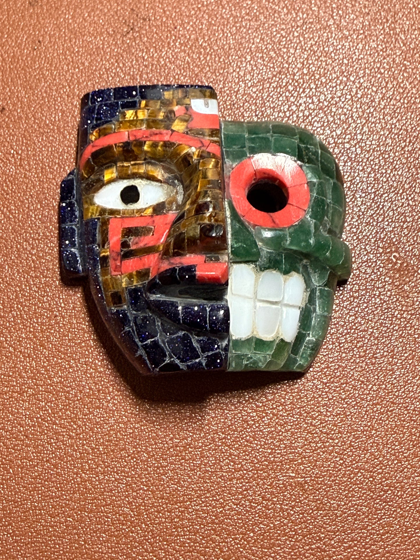 Duality Life & Death Mask Stone Tile Mosaic Pendant, Ancient Mexico #20
