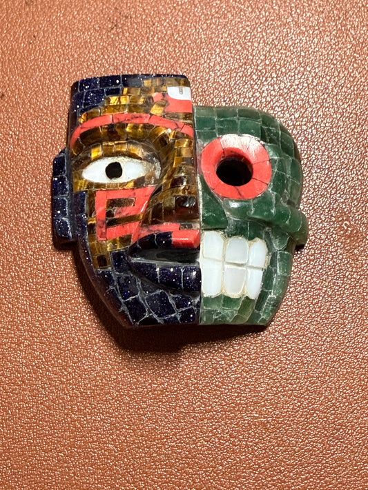 Duality Life & Death Mask Stone Tile Mosaic Pendant, Ancient Mexico #20