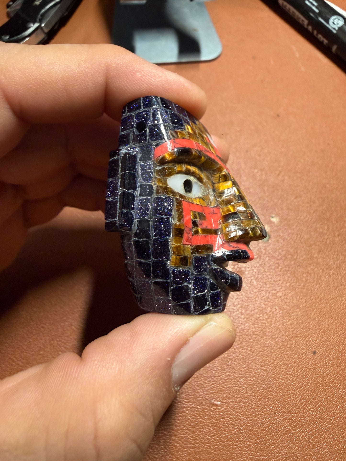 Duality Life & Death Mask Stone Tile Mosaic Pendant, Ancient Mexico #20
