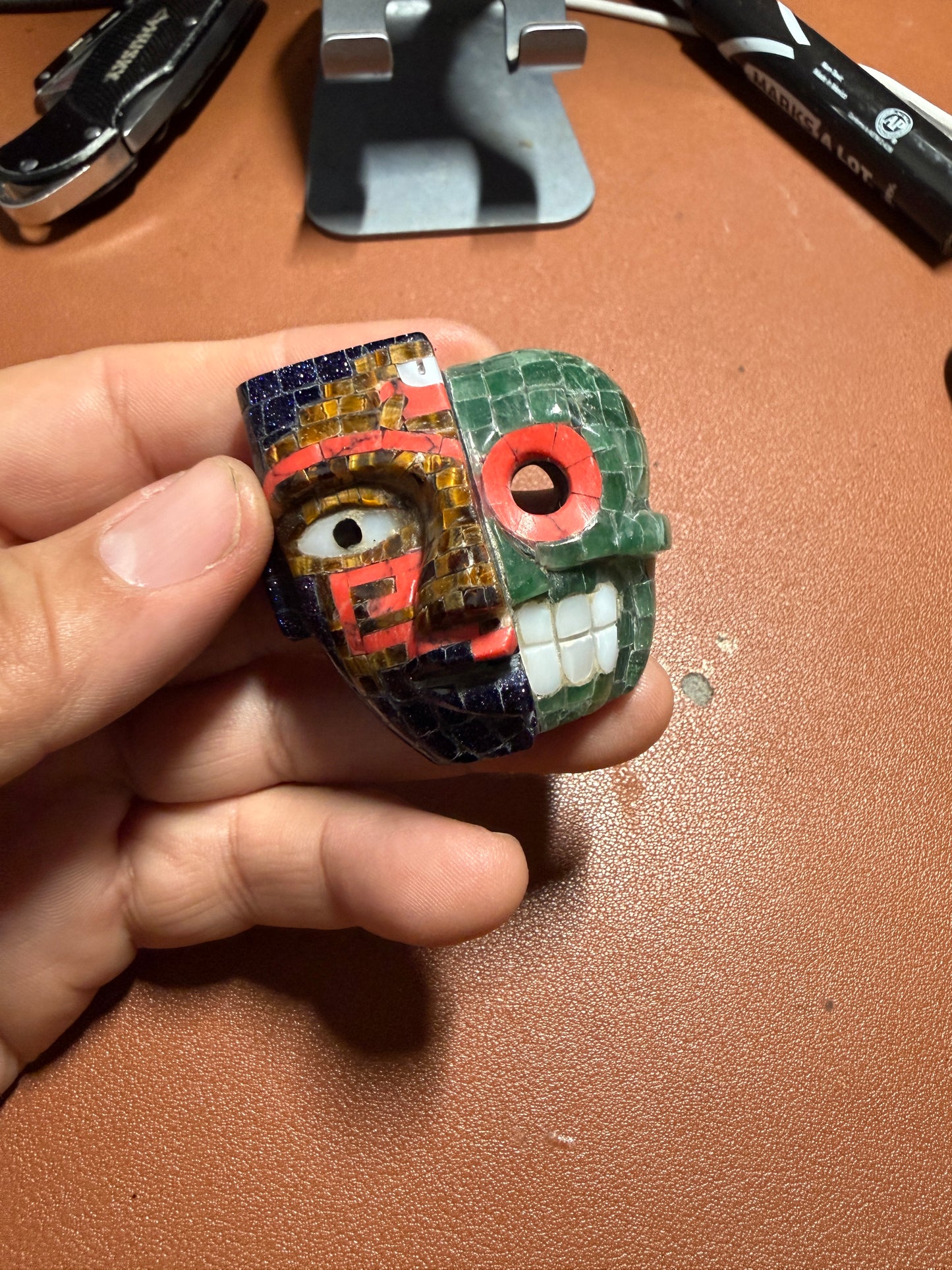 Duality Life & Death Mask Stone Tile Mosaic Pendant, Ancient Mexico #20