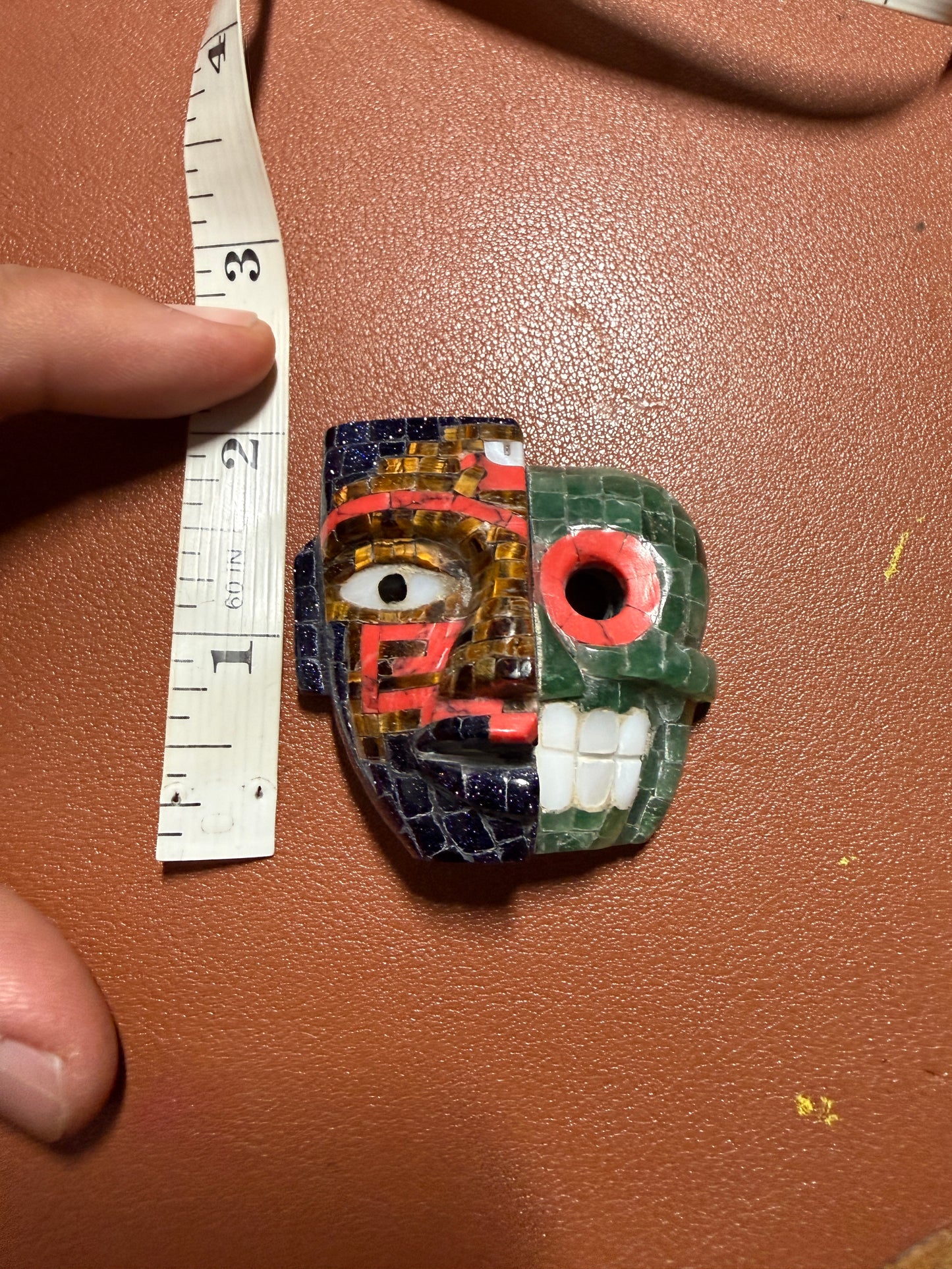 Duality Life & Death Mask Stone Tile Mosaic Pendant, Ancient Mexico #20