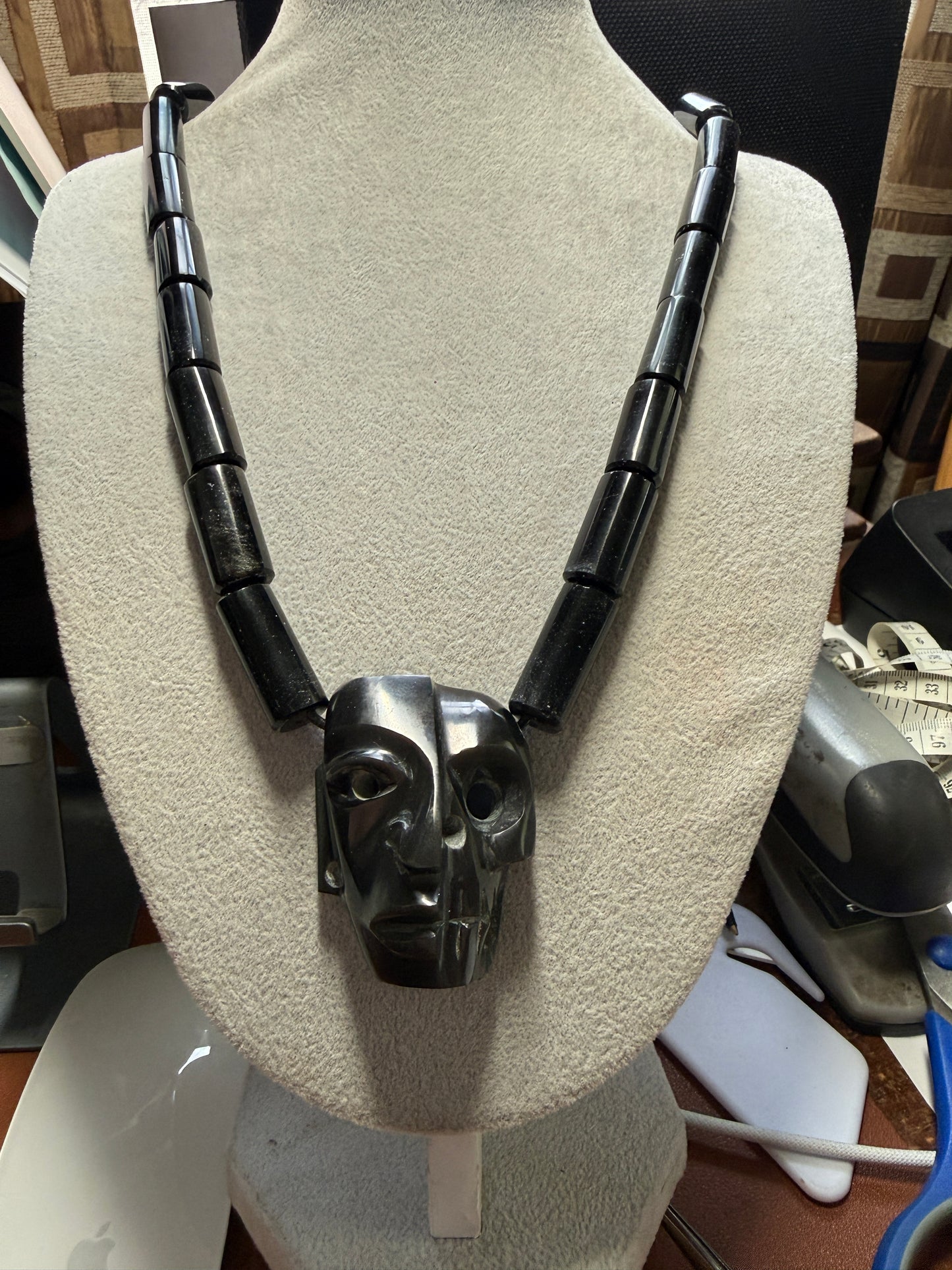 Black Aztec Duality Life & Death Mask Obsidian Necklace, Ancient Mexico #20