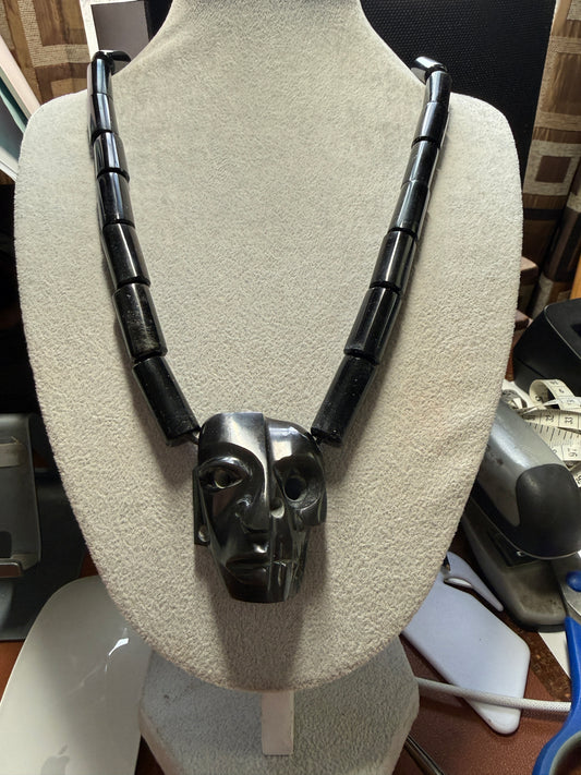 Black Aztec Duality Life & Death Mask Obsidian Necklace, Ancient Mexico #20