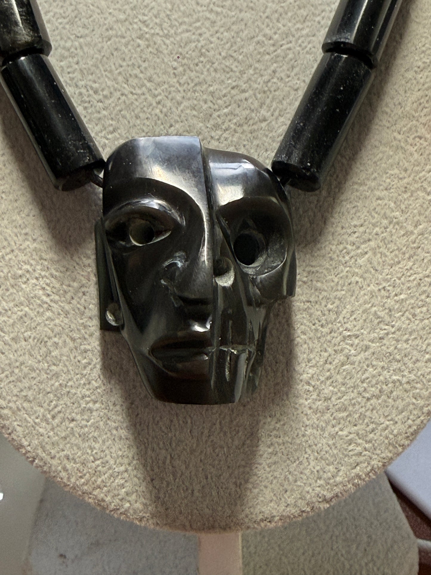 Black Aztec Duality Life & Death Mask Obsidian Necklace, Ancient Mexico #20