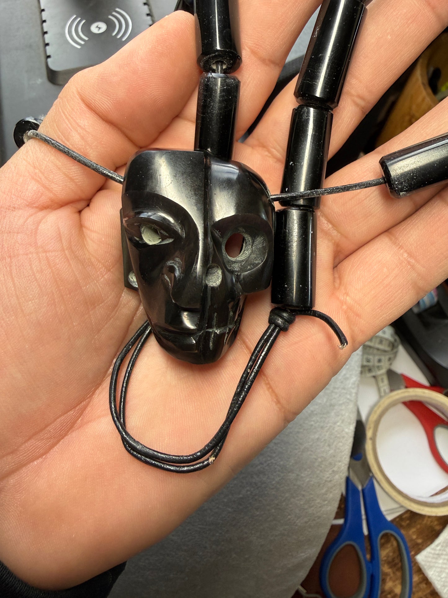 Black Aztec Duality Life & Death Mask Obsidian Necklace, Ancient Mexico #20