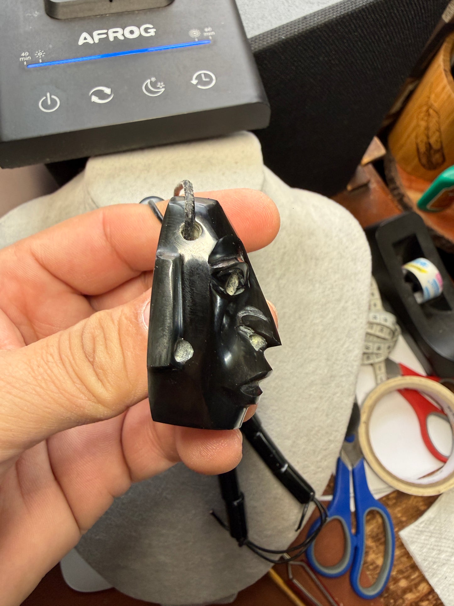 Black Aztec Duality Life & Death Mask Obsidian Necklace, Ancient Mexico #20