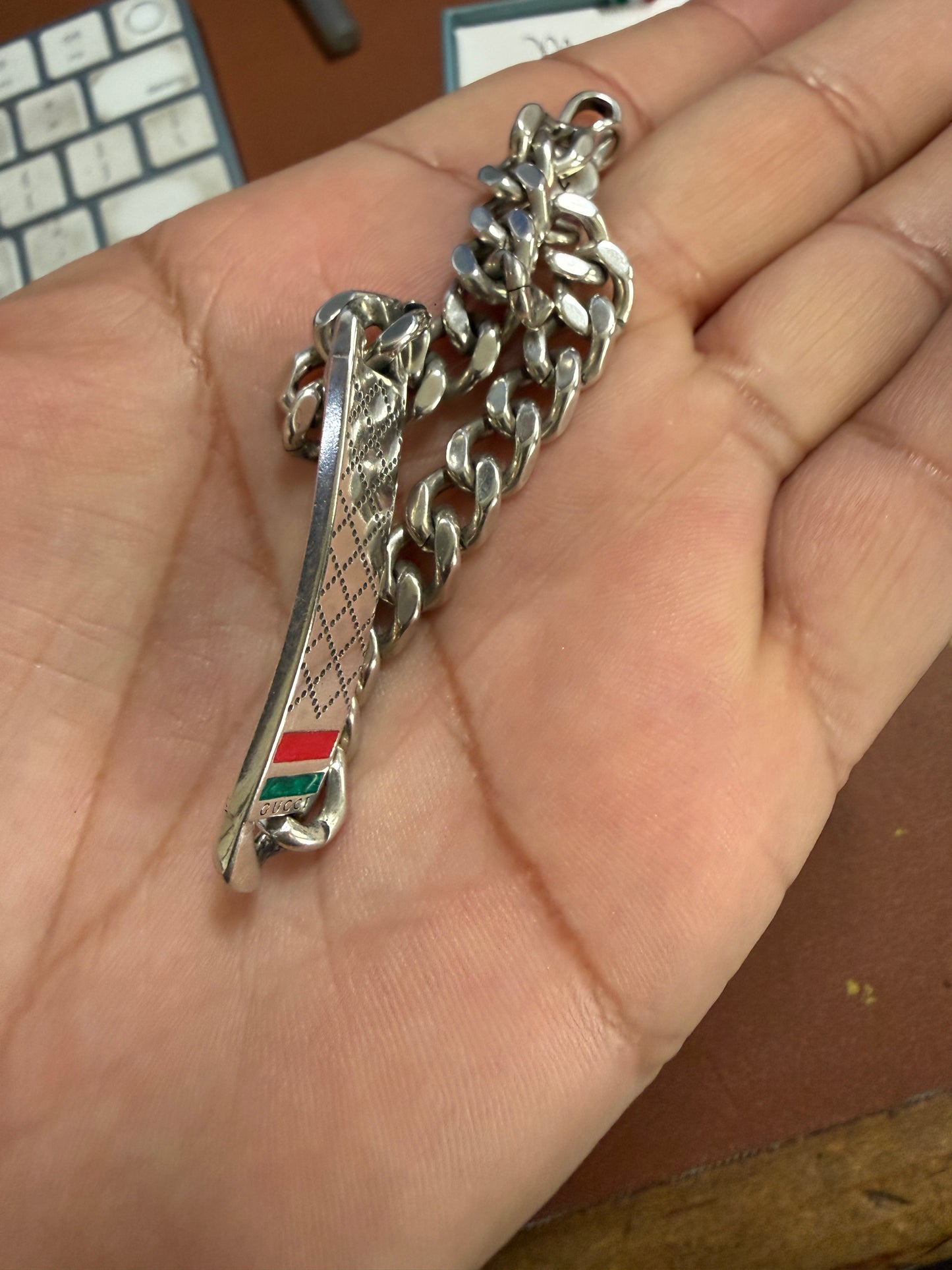 Italian Men's 8.5" Cuban Link Chain Bracelet, Italy, Silver Red Green colors Pre-Owned #10