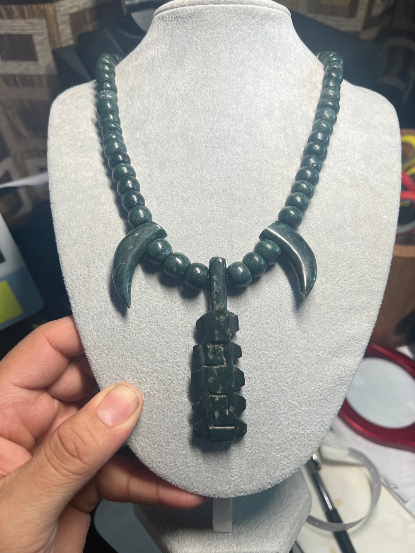 Jade Macuahuitl with Jade Talons Necklace, Aztec Sword Design, with Jade Beads, Leather Adjustable Necklace, Mexica Ancient Mexican (18)